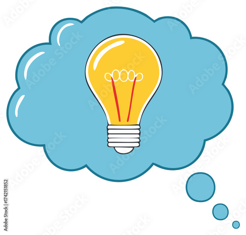 Bright idea symbolized by a glowing lightbulb inside a blue thought bubble