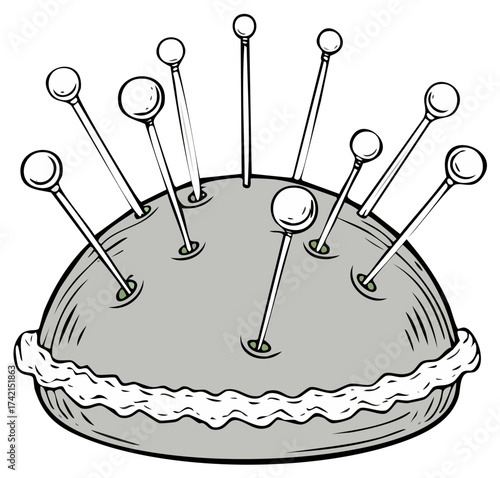 Vector illustration of a pincushion filled with pins and adorned with decorative trim