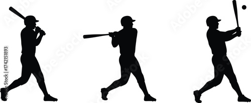 Baseball player silhouette, batting swing sequence, sports training illustration, hitting technique, athletic motion, baseball practice, dynamic action, coaching guide, fitness concept, competition