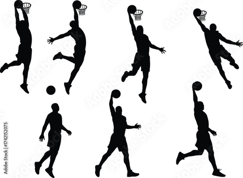 Basketball player silhouettes, slam dunk action, dribbling pose, shooting stance, athletic movement, sports training, dynamic motion, basketball hoop, professional game illustration, skill performance