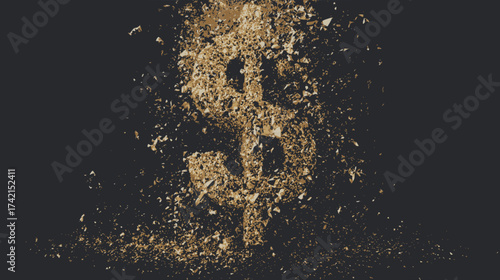 Big US dollar symbol crashing into small pieces on black background