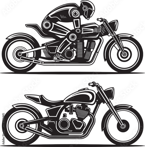 Black and white illustration of a robot riding a motorcycle and a separate motorcycle rider vehicle