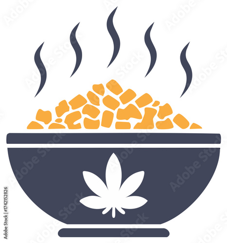 Heated Pot of Morsels Enhanced by Cannabis Leaf Emblem Evokes Medical Benefits