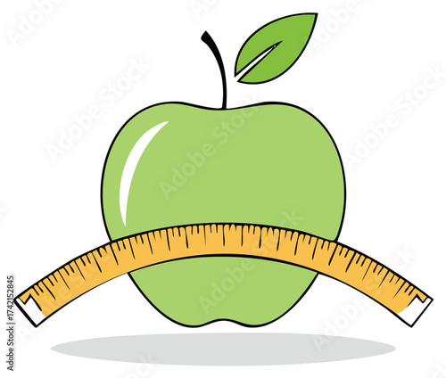 Crisp green apple wrapped with a yellow measuring tape symbolizing a healthy diet and weight loss