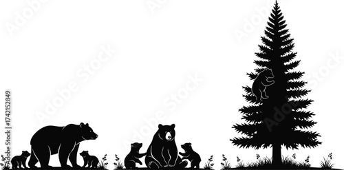 Bear family silhouette, wildlife nature scene, cubs playing, forest tree, animal behavior, black white vector illustration