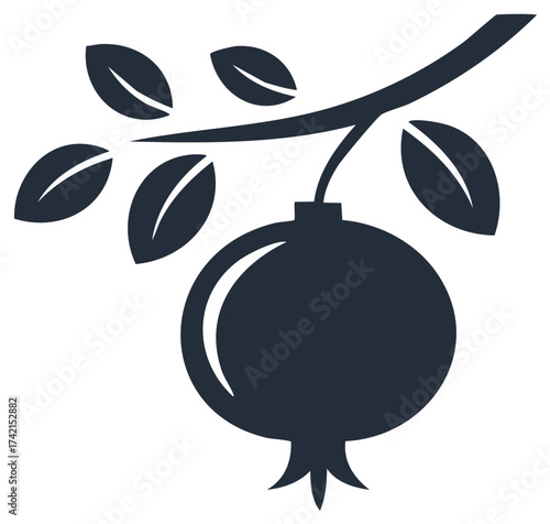 Minimalist silhouette of a ripe pomegranate fruit hanging on a tree branch with leaves icon