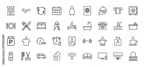Hospitality and travel line icon set. Vector pictograms of hotel, airplane, luggage, passport, bed, keys, massage, pool, reception, Wi-Fi, air conditioning, and cutlery, thin linear illustration.