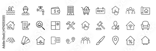 Real estate and home services line icon set. Vector pictograms of worker, building, rent sign, blueprint, contract, tools, wallet, smart home, measurements, thin linear illustration.