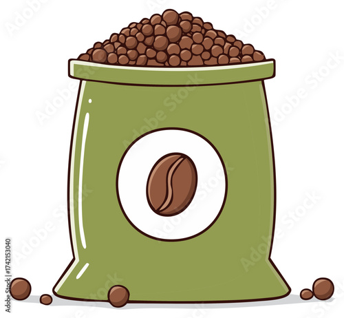 Green sack overflowing with roasted coffee beans cartoon vector illustration for fresh beverage