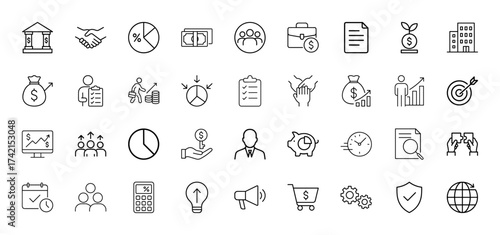 Business and finance outline icon set. Vector pictograms of bank, handshake, money, charts, team, growth, documents, strategy, piggy bank, target, calendar, global, thin linear illustration.