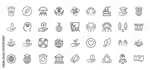 Social responsibility and sustainability line icon set. Vector pictograms of hands, earth, plant, factory, education, recycling, community, thin linear illustration.