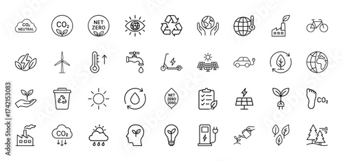 Environmental line icon set. Vector pictograms of net zero, CO2 neutral, recycling, globe, wind turbine, solar panels, electric car, nature, and water, thin linear illustration.