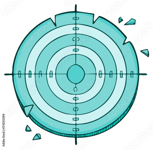 Cartoon Bullseye Target with Broken Edge and Scope Aiming Crosshairs
