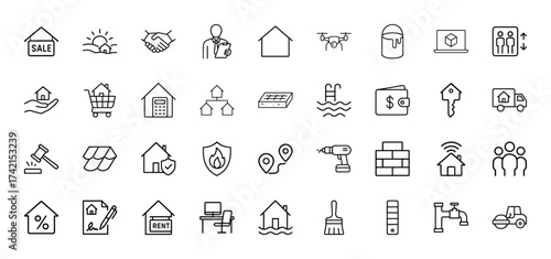 Real estate and property line icon set featuring house sale, agent, home key, mortgage, insurance, rental, and construction tools, thin linear illustration.