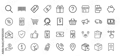 E-commerce line icon set. Vector pictograms of search, barcode, price tag, gift, shop, credit card, cart, delivery truck, money, support, security, rating, location, box, thin linear illustration.