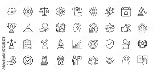 Business and ethical values line icon set. Vector pictograms of dollar gear, balance scales, trophy, growth chart, target, handshake, and wisdom owl, thin linear illustration.