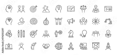 Business and innovation line icon set. Vector pictograms of brain, ideas, target, strategy, teamwork, rocket, handshake, puzzle, learning, achievement, thin linear illustration.