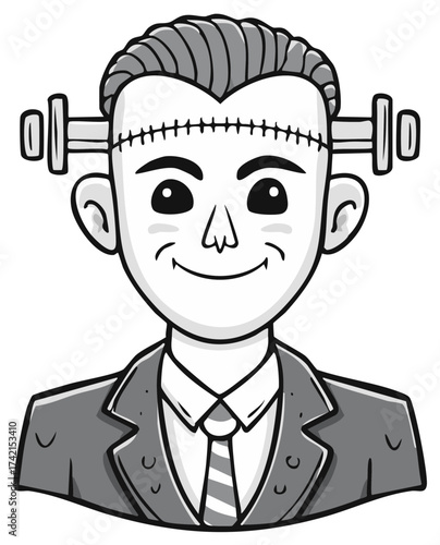 Friendly classic monster in a business suit smiling with stitches and neck bolts, a grayscale character illustration.