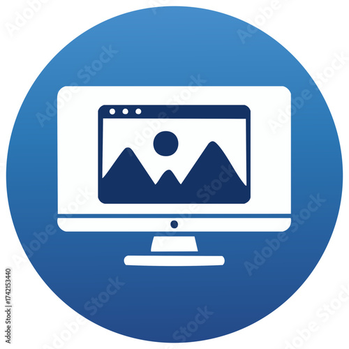 Display Screen with Image Window of Mountains and Sky, Digital Flat Illustration, Blue Background