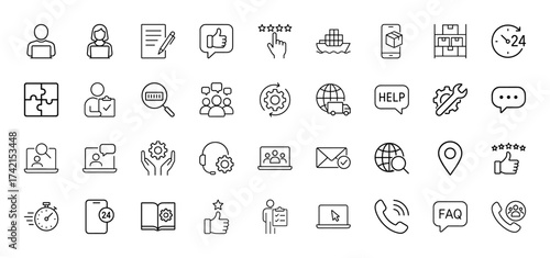 Customer service and support line icon set. Vector pictograms of users, documents, feedback, delivery, warehouse, process, chat, and global help, thin linear illustration.