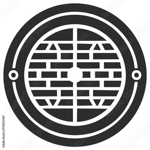 Circular City Sewer Drain Cover Grid and Outer Rings, Black and White Manhole Access Illustration