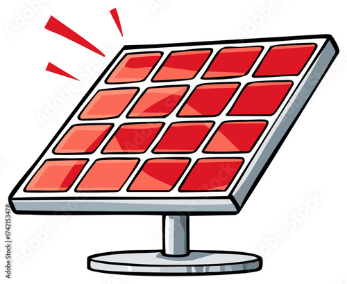 Stylized red solar panel with radiating red lines indicating energy output