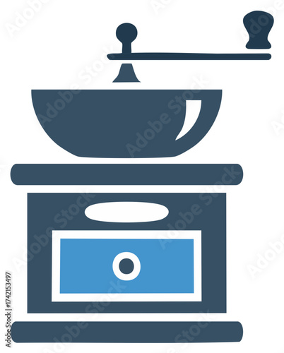 Vintage coffee grinder icon in flat vector style with a hand crank for a rustic, antique design