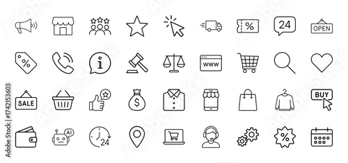 E-commerce line icon set. Vector pictograms of shopping cart, storefront, delivery truck, sales tag, customer support, payment, and rating elements, thin linear illustration.
