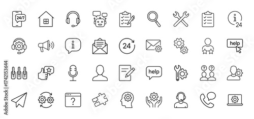 Customer support line icon set. Vector pictograms of headphones, chatbot, checklist, wrench, magnifying glass, email, gears, and help button, thin linear illustration.