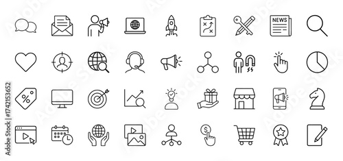 Marketing and business line icon set. Vector pictograms of megaphone, laptop, rocket, strategy, news, target, graph, gift, store, cart, email, and analytics, thin linear illustration.
