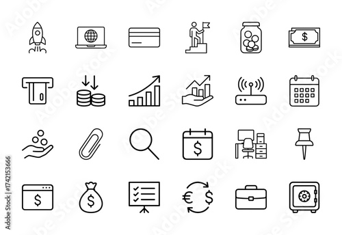 Business and finance line icon set. Vector pictograms of rocket, laptop, credit card, money, coins, charts, calendar, safe, briefcase, office desk, exchange, thin linear illustration.