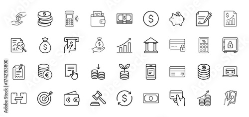 Finance line icon set. Vector pictograms of coin, wallet, banknotes, piggy bank, financial chart, money bag, bank, credit card, calculator, safe, receipt, mobile, thin linear illustration.