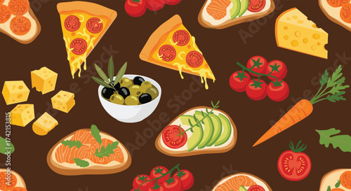 A vibrant and delicious pattern featuring an assortment of appetizing foods and ingredients.