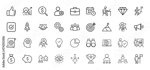 Business strategy and management line icon set. Vector pictograms of charts, money bag, target, briefcase, rocket, people, gears, handshake, calendar, trophy, thin linear illustration.
