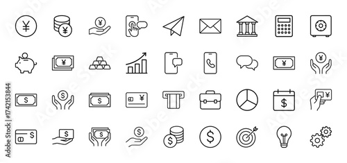 Finance and business line icon set. Vector pictograms of yen, dollar, coins, banknotes, growth, credit card, calculator, safe, smartphone, briefcase, thin linear illustration.