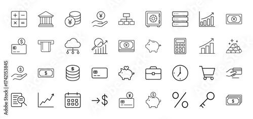 Finance and business line icon set. Vector pictograms of money, banking, charts, cards, calculator, safe, piggy bank, thin linear illustration.