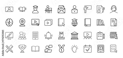 Education line icon set. Vector pictograms of student profiles, books, graduation cap, laptops, documents, webinars, and study tools, thin linear illustration.