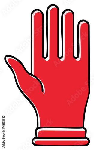 Simple red protective glove illustration in a cartoon style with an open hand gesture
