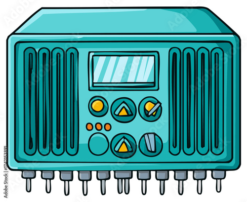 Cartoon-style image of an electronic device with knobs and inputs