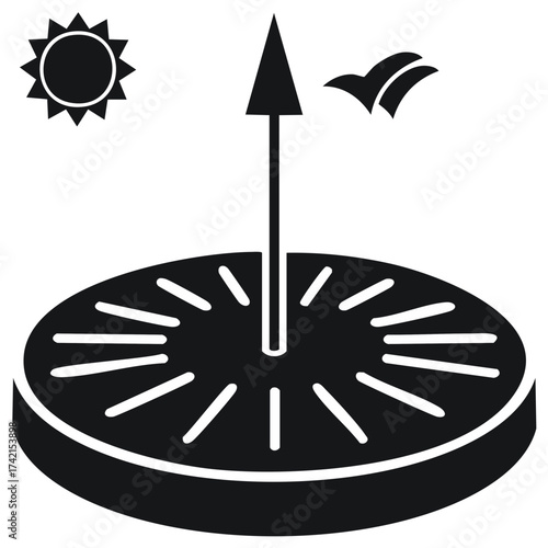 Black and white icon of a sundial with a gnomon casting a shadow towards a stylized sun and birds.