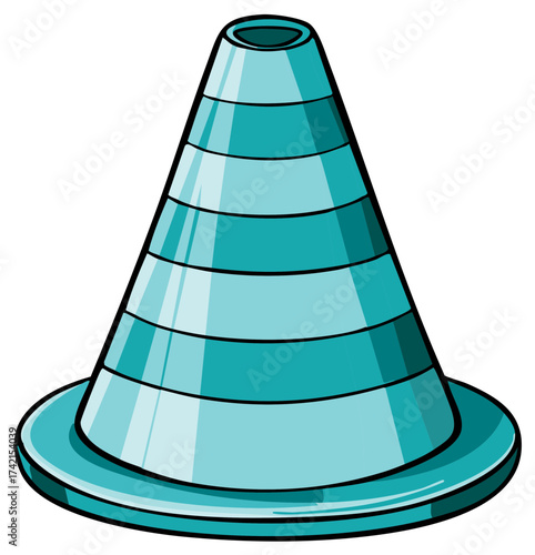 Cartoon style illustration of a teal safety cone, road traffic barrier