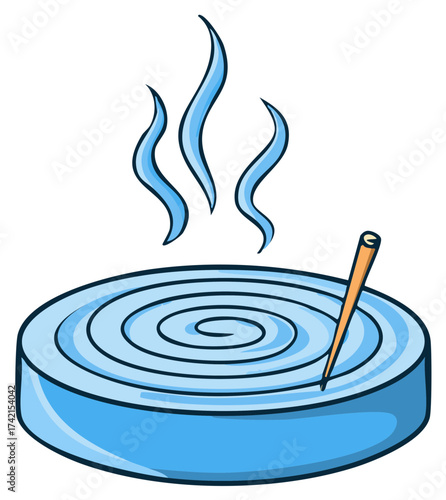 Illustrated Blue Incense Burner with Burning Stick and Rising Steam for Calm