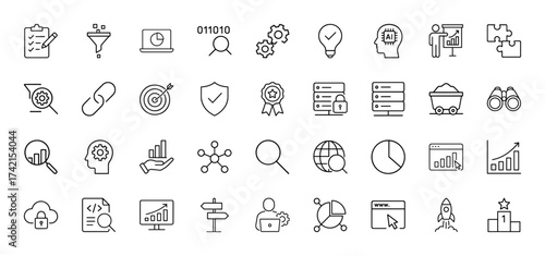 Business and technology line icon set. Vector pictograms of checklist, data charts, gears, AI brain, servers, targets, globe, and rocket, thin linear illustration.