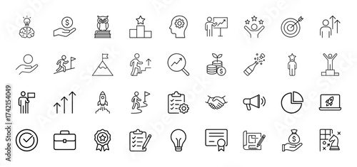 Business success line icon set. Vector pictograms of strategy, innovation, financial growth, target, achievement, progress, and planning, thin linear illustration.