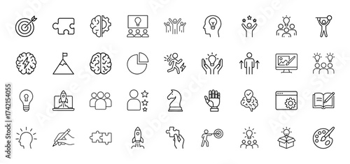 Business innovation and creative thinking line icon set. Vector pictograms of target, puzzle, brain, lightbulb, rocket, palette, team, chart, monitor, and mountain, thin linear illustration.
