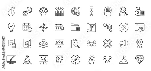 Business management line icon set. Vector pictograms of teamwork, strategy, planning, innovation, finance, project, marketing, and development, thin linear illustration.