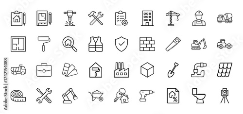 Construction line icon set. Vector pictograms of house plans, jackhammer, tools, crane, worker, concrete mixer, paint roller, excavator, bricks, and roof tiles, thin linear illustration.