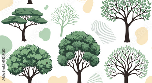 A collection of various stylized trees and abstract shapes for design.