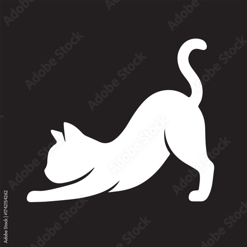 Inverse White Silhouette Yoga Cat – Downward Dog Pose Vector on Black Background
