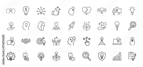 Creative ideas line icon set. Vector pictograms of lightbulbs, human heads, hands, rocket, brain, target, chart, shield, box, and keys, thin linear illustration.